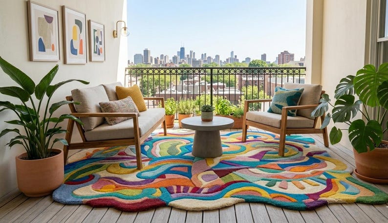 May include: An outdoor living space featuring a colorful, abstract rug with a variety of shapes and colors. Two wooden armchairs and a loveseat with cream-colored cushions are arranged on the rug. Potted plants and artwork complete the scene.