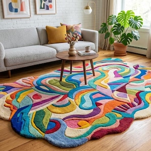 May include: A colorful, abstract area rug with a unique, flowing design. The rug features a mix of vibrant colors including blue, green, yellow, orange, and red. It is placed on a hardwood floor in a living room setting.