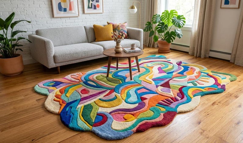 May include: A colorful, abstract area rug with a unique, flowing design. The rug features a mix of vibrant colors including blue, green, yellow, orange, and red. It is placed on a hardwood floor in a living room setting.