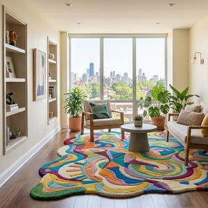 May include: A modern living room with a colorful, abstract rug in shades of blue, yellow, and green. The room features a sofa, armchair, and a small round table. Large windows offer a city view, and potted plants add a touch of nature.