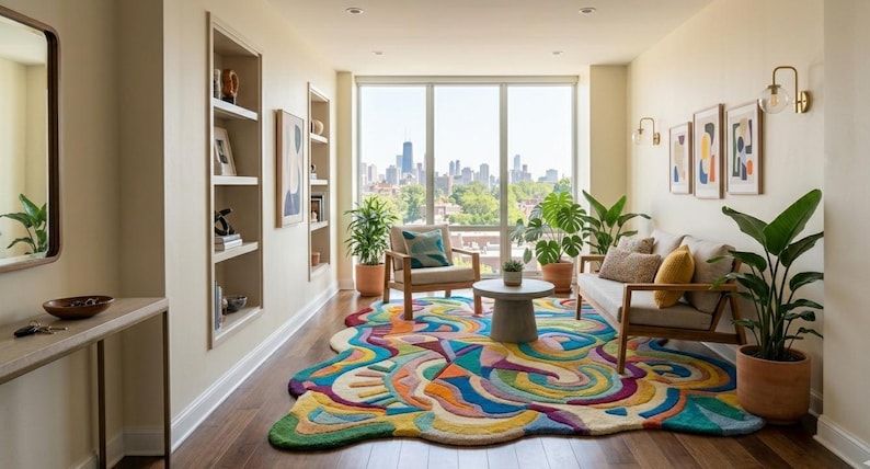 May include: A modern living room with a colorful, abstract rug in shades of blue, yellow, and green. The room features a sofa, armchair, and a small round table. Large windows offer a city view, and potted plants add a touch of nature.