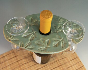 Wine  bottle Glass Holder -  glass holder for wine bottle - green with leaves - ceramic - hostess gift