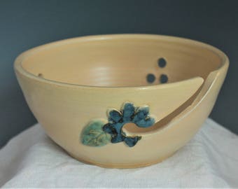 Yellow knitting Bowl with blue flower - Knitting Organizer - handmade pottery - gift for nana - in stock and ready to ship