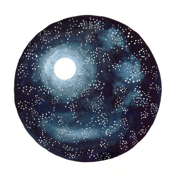 Original Aquarell Mond und Sterne Weltraum Galaxie Kunst Mond Licht dunkelblauen Kreis malen Wanddekor