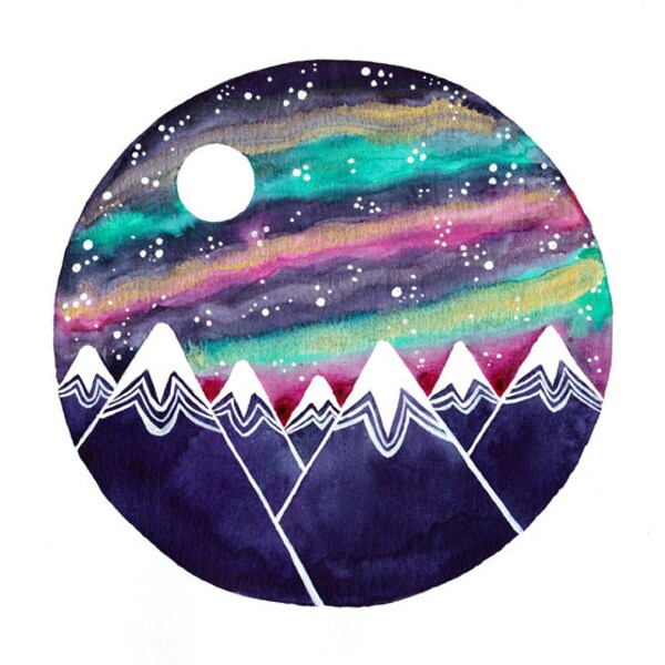 Aurora Borealis Original Aquarell Malerei Polarlichter Metallic gold rosa grün Galaxy himmlische Kunst Astronomie
