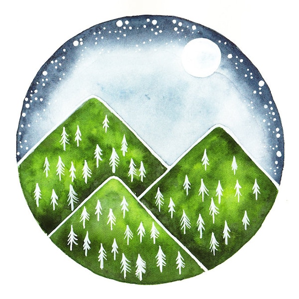 Original watercolor painting Mountains and full moon Geometric green contemporary art