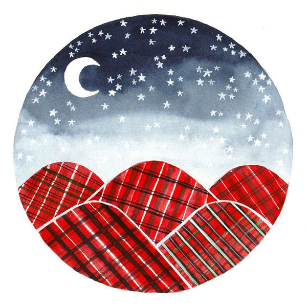 Original watercolor painting Red plaid blanket mountains Starry night and moon nursery wall art