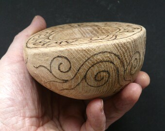 Commission for SHAMANICWILLOW. Oak Bowl: 'Ceridwen and Taliesin '