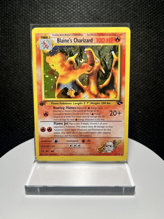 Blaine’s Charizard 2/132 1st Edition Holo Rare Proxy Card | Gym Challenge Collection | Vintage Fire Dragon Display Card Fan Art