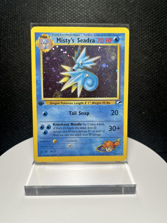 Misty’s Seadra Proxy Card • Vintage Gym Heroes Custom Pokémon Card • Retro Holo Water‑Type Replica • Collectible Display TCG Card