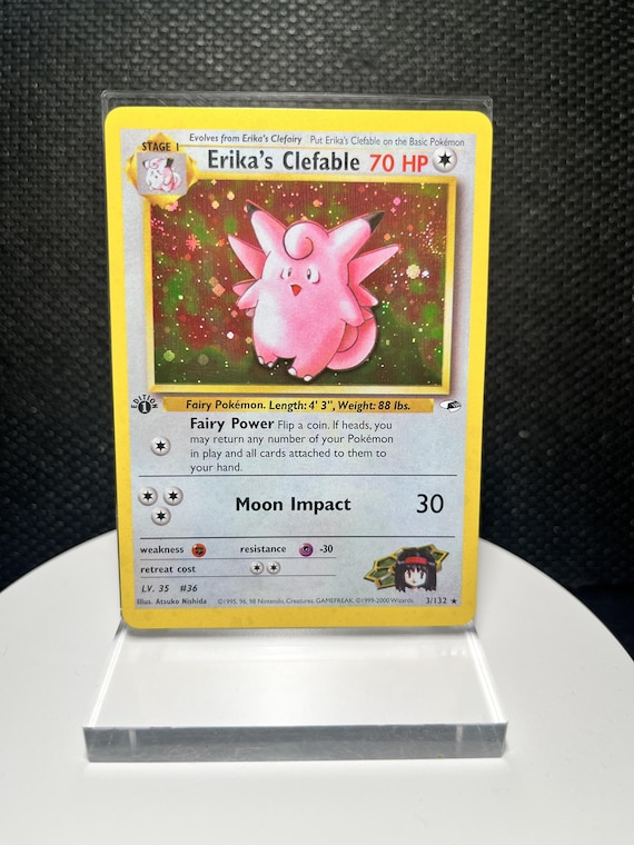 Erika’s Clefable 3/132 1st Edition Holo Rare Proxy Card | Gym Heroes Collection Card | Vintage Fairy-Type Display Card Fan Art
