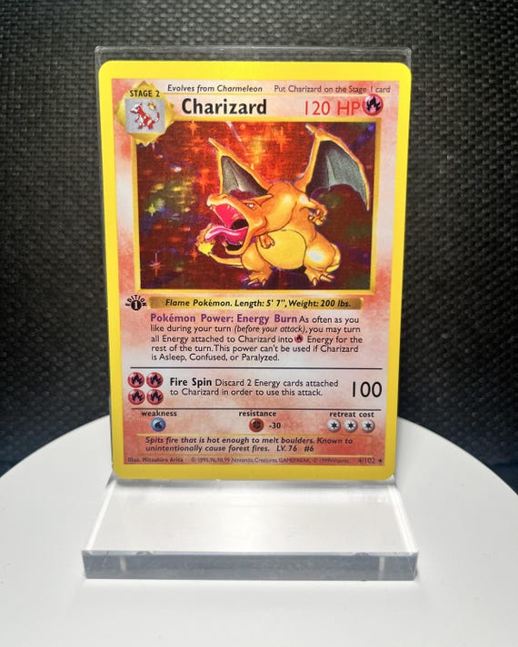Base Set Charizard 4/102 Proxy Card – 1st Edition Shadowless Holofoil – Vintage Style Collectible Display Card – BaseSet Era Collection