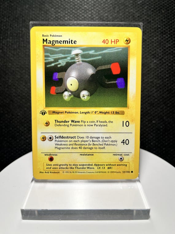 Magnemite 53/102 Proxy Card – Base Set 1st Edition Shadowless Non Holo – Vintage Pokémon Electric Collectible Display