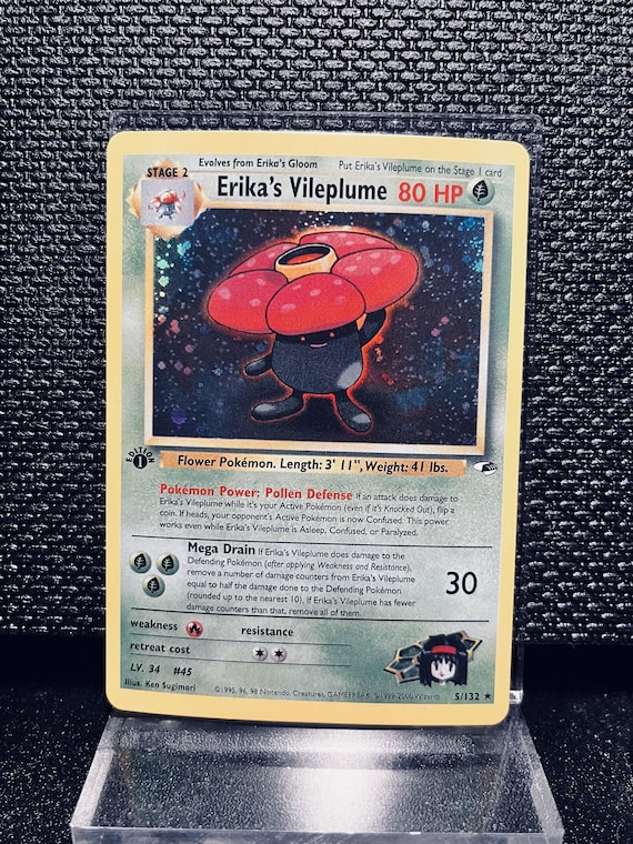 Erika’s Vileplume Proxy Card • Vintage Gym Heroes Custom Pokémon Card • Retro Holo Grass‑Type Replica • Collectible Display TCG Card