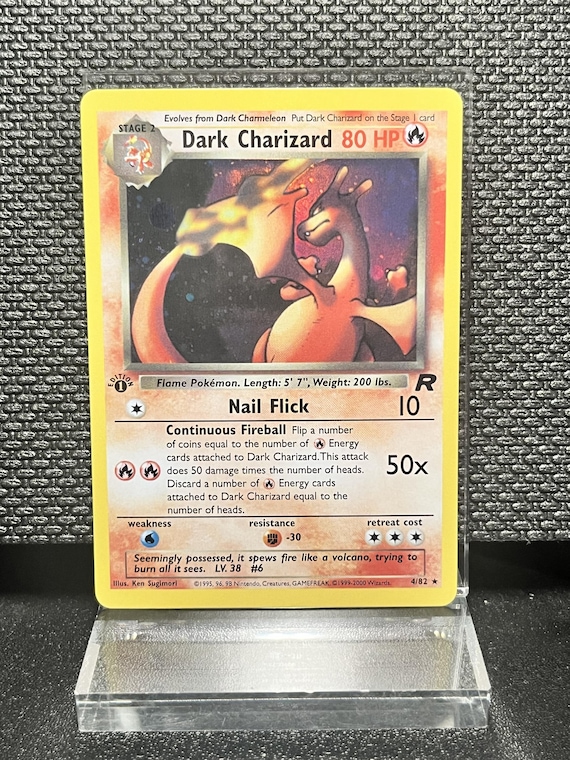 Dark Charizard 4/82 1st Edition Holofoil Proxy Card – Team Rocket Era Pokémon Display Card – BaseSet Era Collectible Fan Art