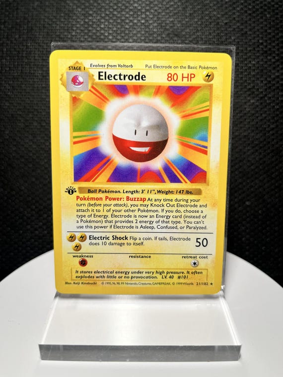 Electrode 21/102 Proxy Card – Base Set 1st Edition Shadowless Non Holo Rare – Vintage Pokémon Electric Display Collectible