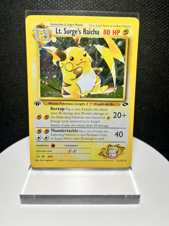 Lt. Surge’s Raichu 11/132 1st Edition Holo Rare Proxy Card | Gym Challenge Collection Display Card | Vintage Collector Fan Art Card