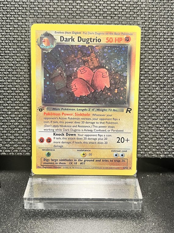 Dark Dugtrio 6/82 1st Edition Holofoil Proxy Card – Team Rocket Pokémon Display Card – BaseSet Era Vintage Style Collectible