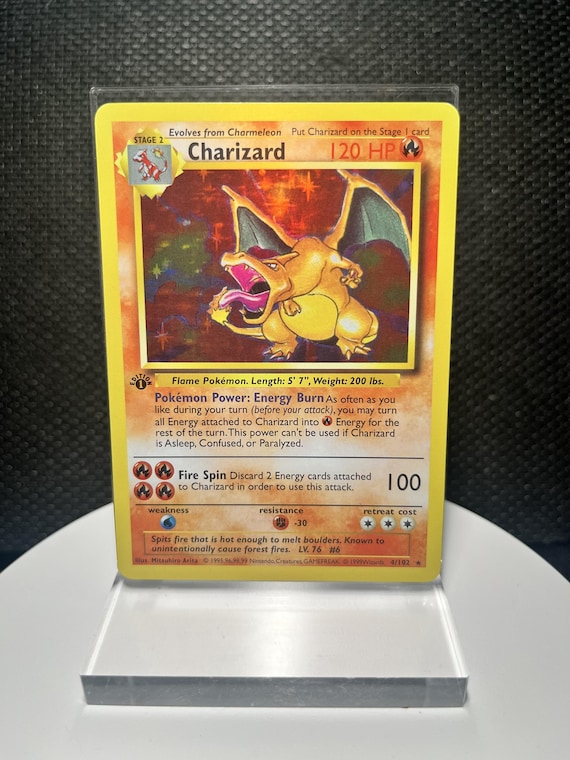 Charizard 4/102 Proxy Card – 1st Edition Holofoil Base Set Style – Vintage Pokémon Inspired Collectible – BaseSet Era Collection