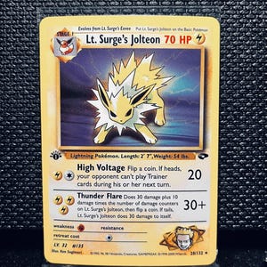 Lt. Surge’s Jolteon Proxy Card – 1st Edition Reverse Holo Pokémon TCG – Gym Heroes WOTC Style Electric Pokémon