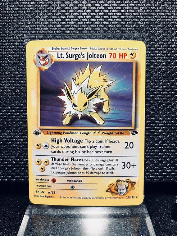 Lt. Surge’s Jolteon Proxy Card – 1st Edition Reverse Holo Pokémon TCG – Gym Heroes WOTC Style Electric Pokémon