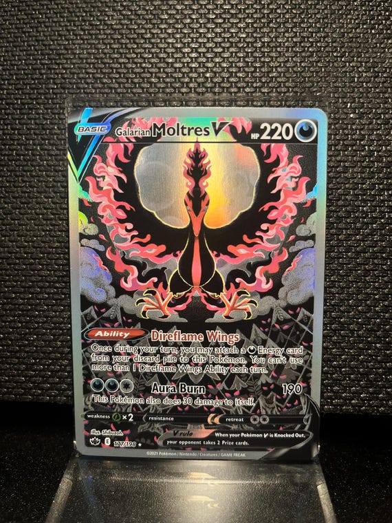 Galarian Moltres V Proxy Card | Custom Holo Pokémon Card | Dark Legendary Display Collectible