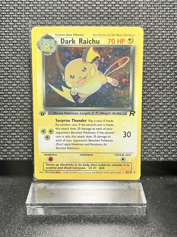 Dark Raichu 83/82 1st Edition Secret Rare Holo Proxy Card – Team Rocket Pokémon Display Card – BaseSet Era Vintage Collectible