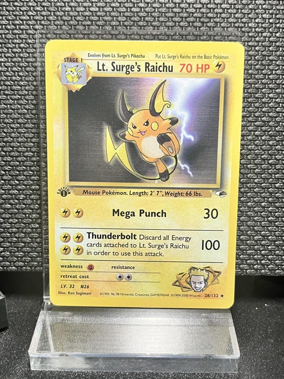 Lt. Surge’s Raichu #28 1st Edition Rare Non Holo Proxy Card – Gym Heroes Set Vintage Style Pokémon Display Card
