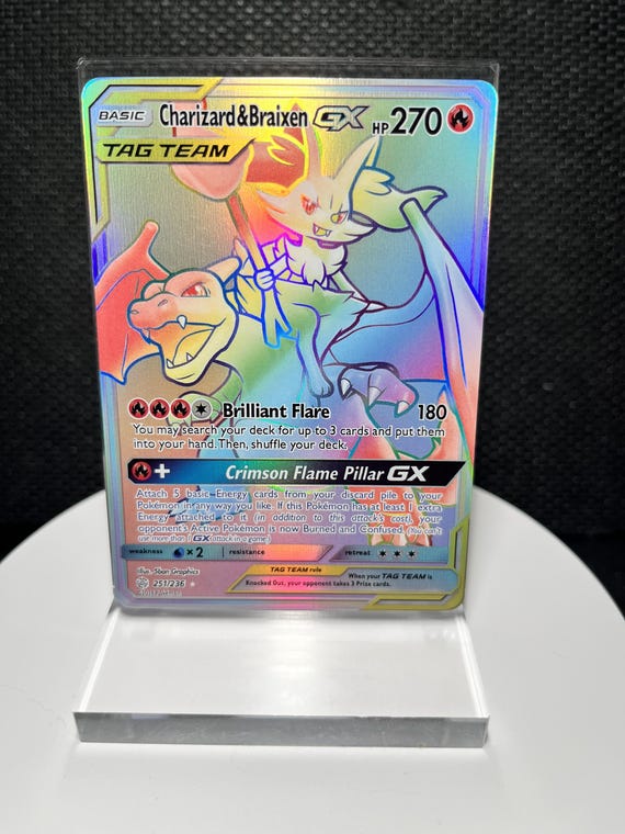Charizard & Braixen GX 251/236 Proxy Card | Cosmic Eclipse Secret Rare | Holofoil TAG TEAM Display | Charizard Collector Gift | Fan Art