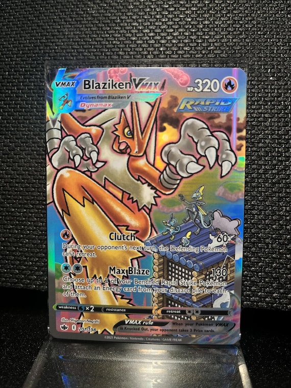 Blaziken VMAX Pokémon Card | Full Art Holo Replica | Rapid Strike Collectible Display Card