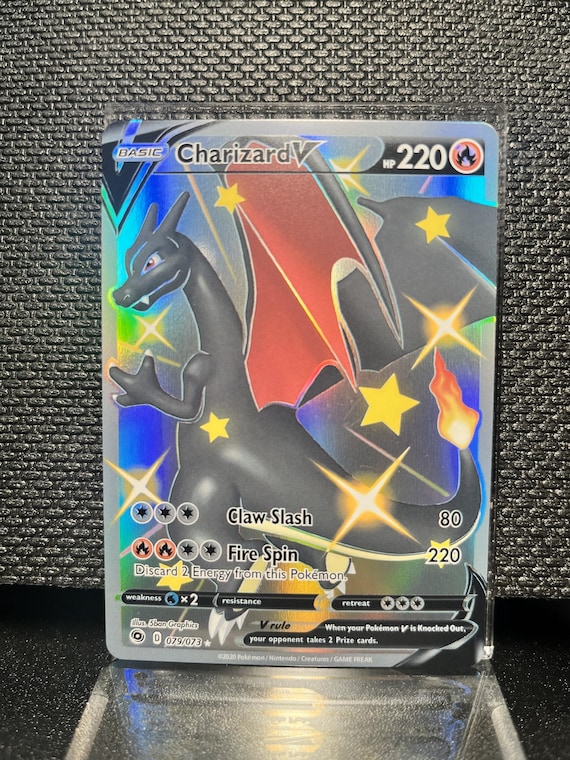 Shiny Charizard V Pokémon Card | Full Art Holo Replica | Black Star V Collectible Display Card