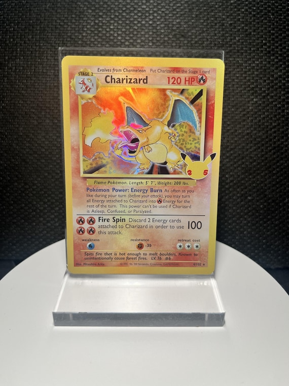 Charizard 4/102 Holo Rare Proxy Card – Celebrations Classic Collection Custom Card – Vintage Style Foil Display Collectible