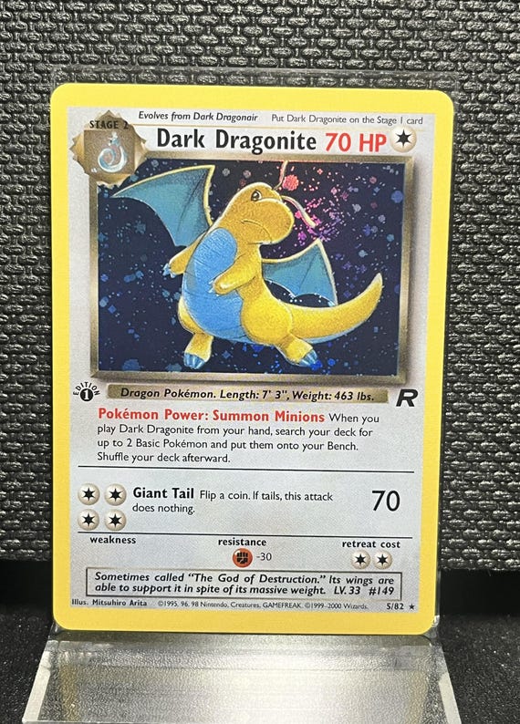 Dark Dragonite 5/82 1st Edition Holofoil Proxy Card – Team Rocket Pokémon Display Card – BaseSet Era Vintage Style Collectible