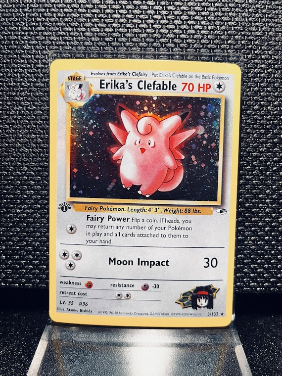 Erika’s Clefable Proxy Card • Vintage Gym Heroes Custom Pokémon Card • Retro Holo Fairy‑Type Replica • Collectible Display TCG Card
