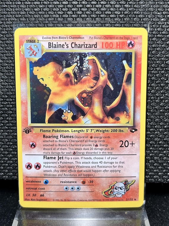 Blaine’s Charizard Pokémon Card | Vintage Gym Challenge Replica | Holo Fire‑Type Display Card