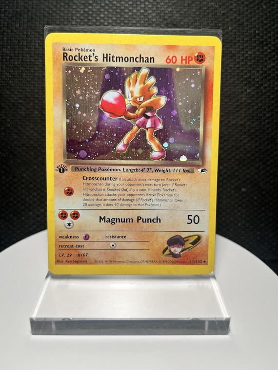 Rocket’s Hitmonchan Proxy Card – Vintage Gym Heroes Style Pokémon TCG – Custom Fighting Type Holo – WOTC Era Team Rocket Proxy