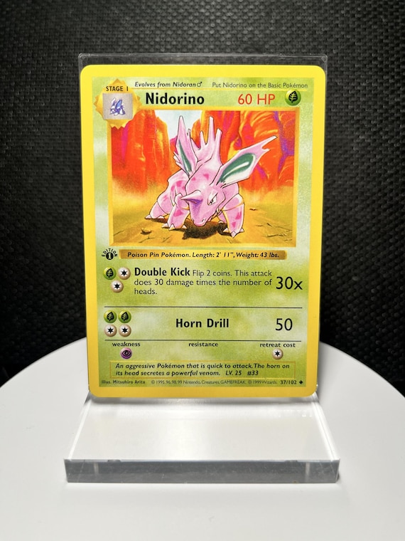 Nidorino 37/102 Proxy Card – Base Set 1st Edition Shadowless Non Holo Uncommon – Vintage Pokémon Evolution Display Collectible