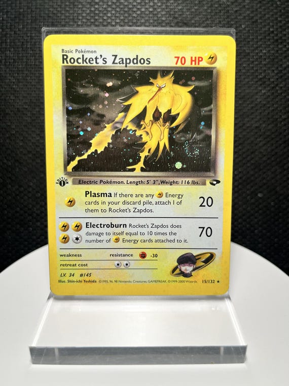 Rocket’s Zapdos Proxy Pokémon Card | Vintage Gym Challenge Style | Collectible Display Replica