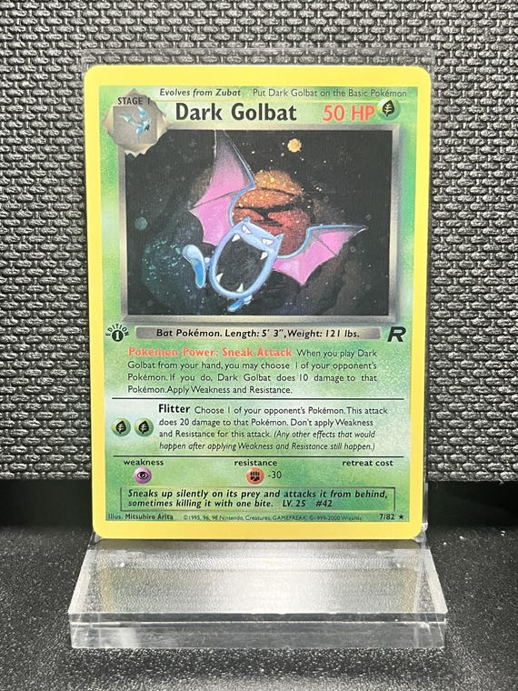 Dark Golbat 7/82 1st Edition Holofoil Proxy Card – Team Rocket Pokémon Display Card – BaseSet Era Vintage Style Collectible