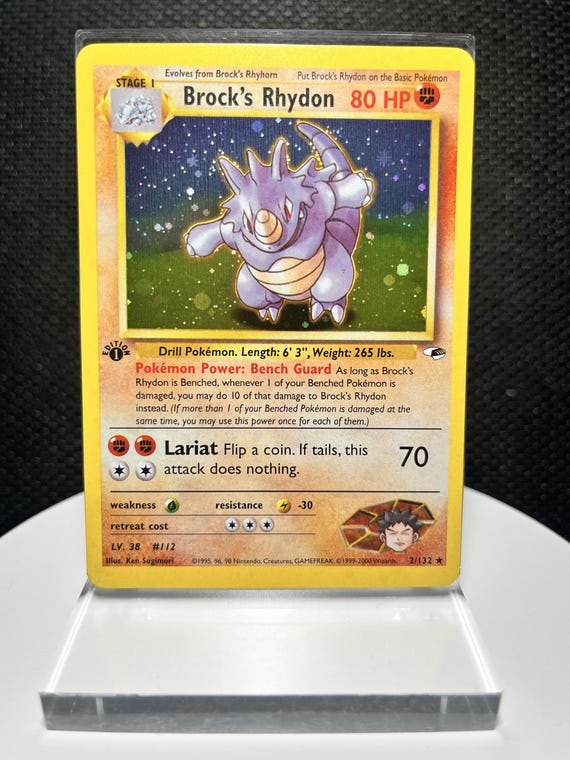 Brock’s Rhydon 2/132 1st Edition Holo Rare Proxy Card | Gym Heroes Collection Fan Art Trading Card | Vintage Collector Display Card
