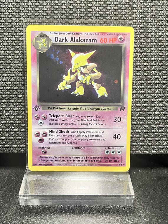 Dark Alakazam 1/82 1st Edition Holofoil Proxy Card – Team Rocket Pokémon Display Card – BaseSet Era Vintage Style Collectible