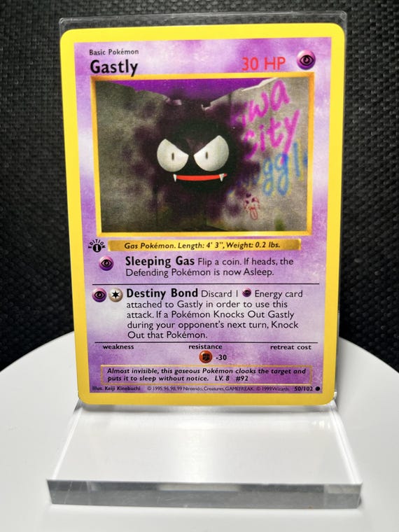 Gastly 50/102 Proxy Card – Base Set 1st Edition Shadowless Non Holo – Vintage Pokémon Ghost Psychic Display Collectible