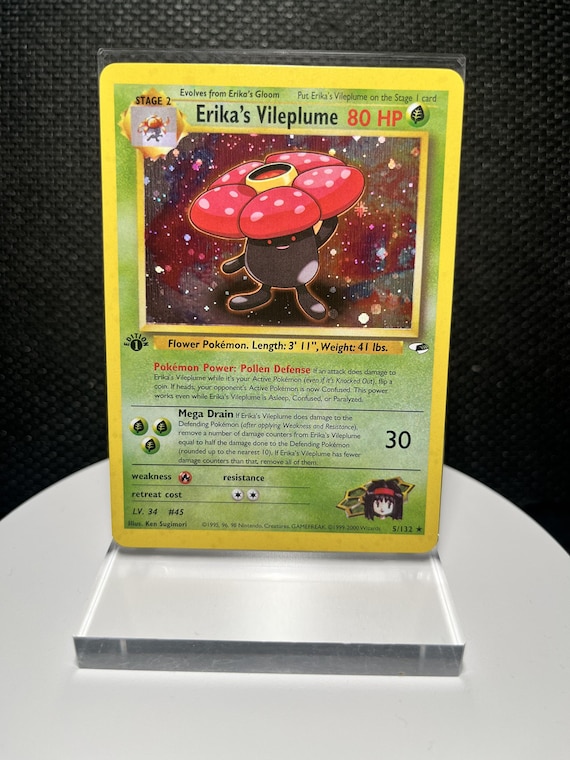 Erika’s Vileplume 5/132 1st Edition Holo Rare Proxy Card | Gym Heroes Collection | Vintage Holo Display Card Fan Art Collectible
