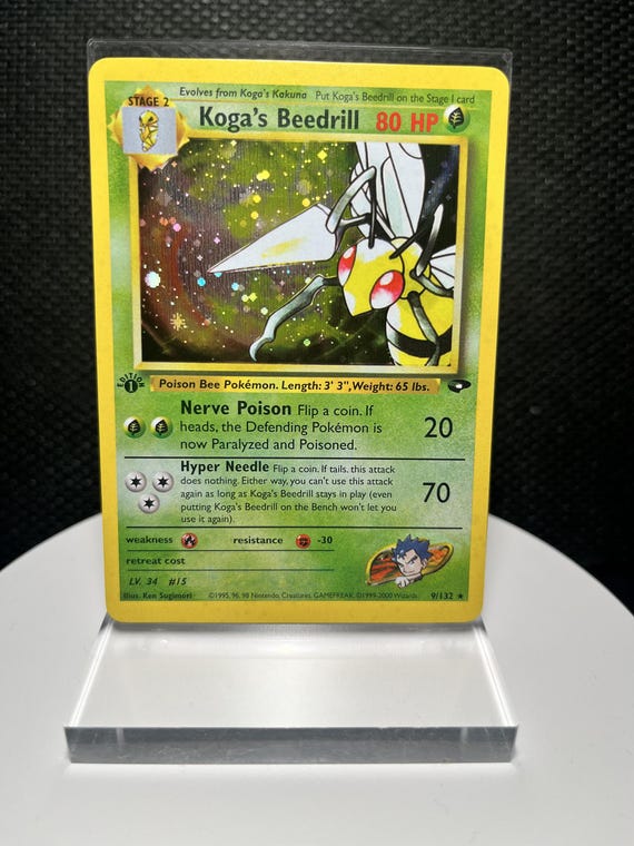 Koga’s Beedrill 9/132 1st Edition Holo Rare Proxy Card | Gym Challenge Collection | Vintage Holo Display Card Fan Art Collectible