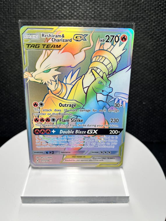 Reshiram & Charizard GX 217/214 Proxy Card | Unbroken Bonds Secret Rare | TAG TEAM Holofoil Display | Charizard Collector Gift | Fan Art
