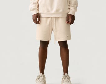 Cotton Fleece Shorts, Oversized Above-Knee Fit, Brushed Fleece Sweat Shorts, Embroidered Logo, Unisex