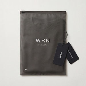 May include: A dark gray garment is packaged in a matching zip-up bag. The bag has the white text "WRN Structured Form". Two black tags with the "WRN" logo and other text are attached.