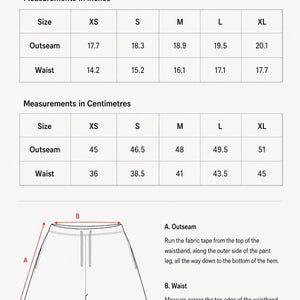 May include: Size guide graphic with measurements in inches and centimetres for shorts. Outseam measurements range from 45cm to 51cm, and waist measurements range from 36cm to 45cm. Includes a diagram explaining how to measure outseam and waist.