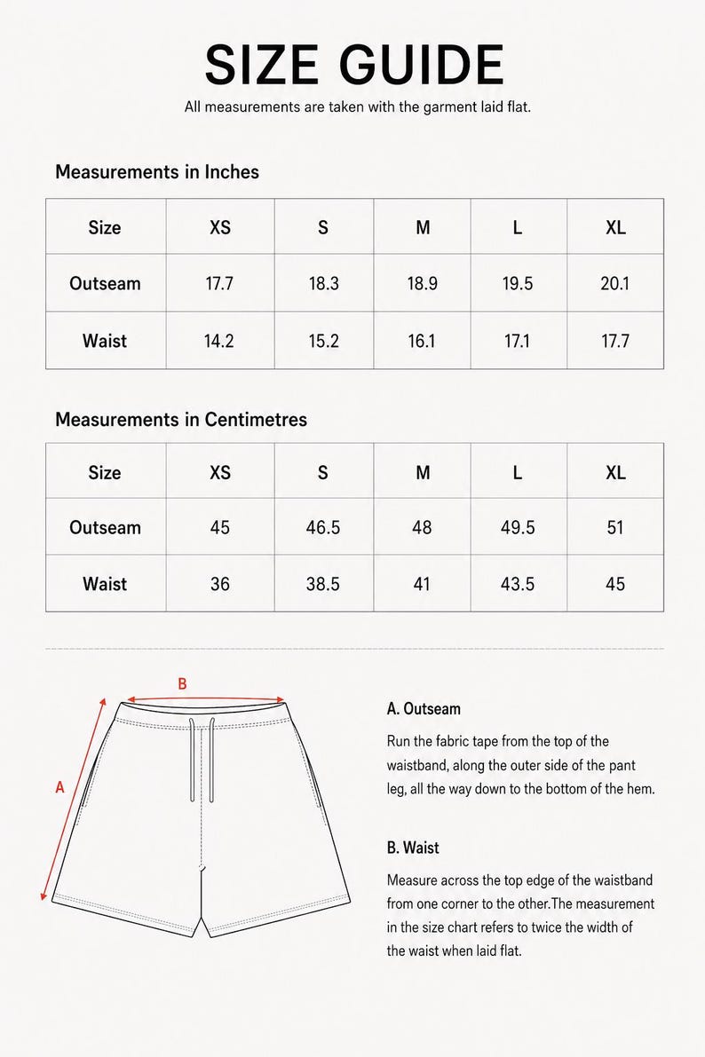 May include: Size guide graphic with measurements in inches and centimetres for shorts. Outseam measurements range from 45cm to 51cm, and waist measurements range from 36cm to 45cm. Includes a diagram explaining how to measure outseam and waist.