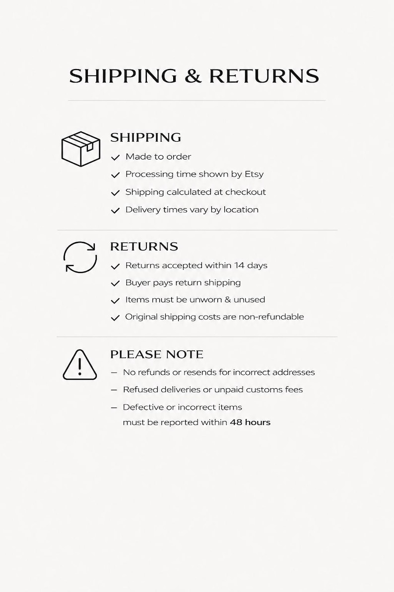 May include: A white informational document titled SHIPPING & RETURNS. It features three sections with icons: a box for shipping, a circular arrow for returns, and a triangle exclamation mark for notes, detailing policies on processing and returns.